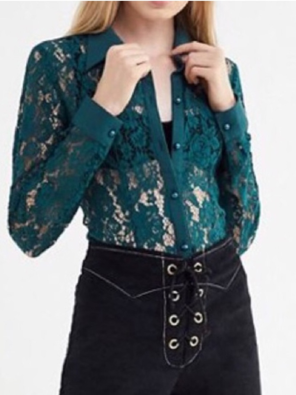 Urban outfitters Sheer lace green button down shirt, pearly buttons, size small